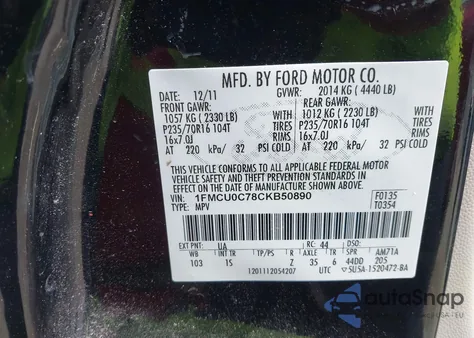 2012 Ford Escape Xls из США, поврежденный, VIN 1FMCU0C78CKB50890